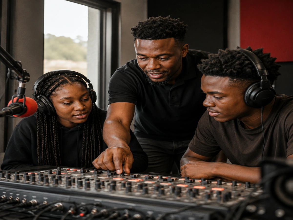 Young people learning community radio production skills