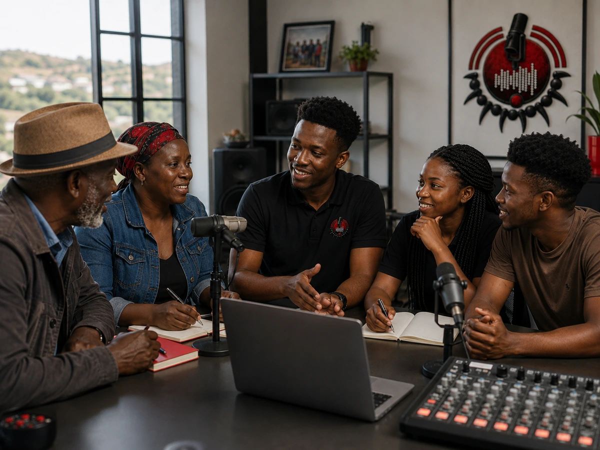 Community radio team preparing informative local programming