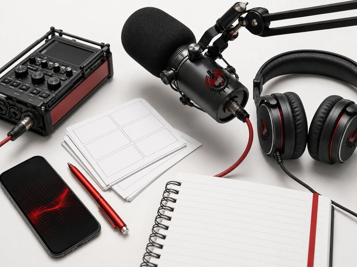 Radio advertising tools including microphone, headphones and campaign notes