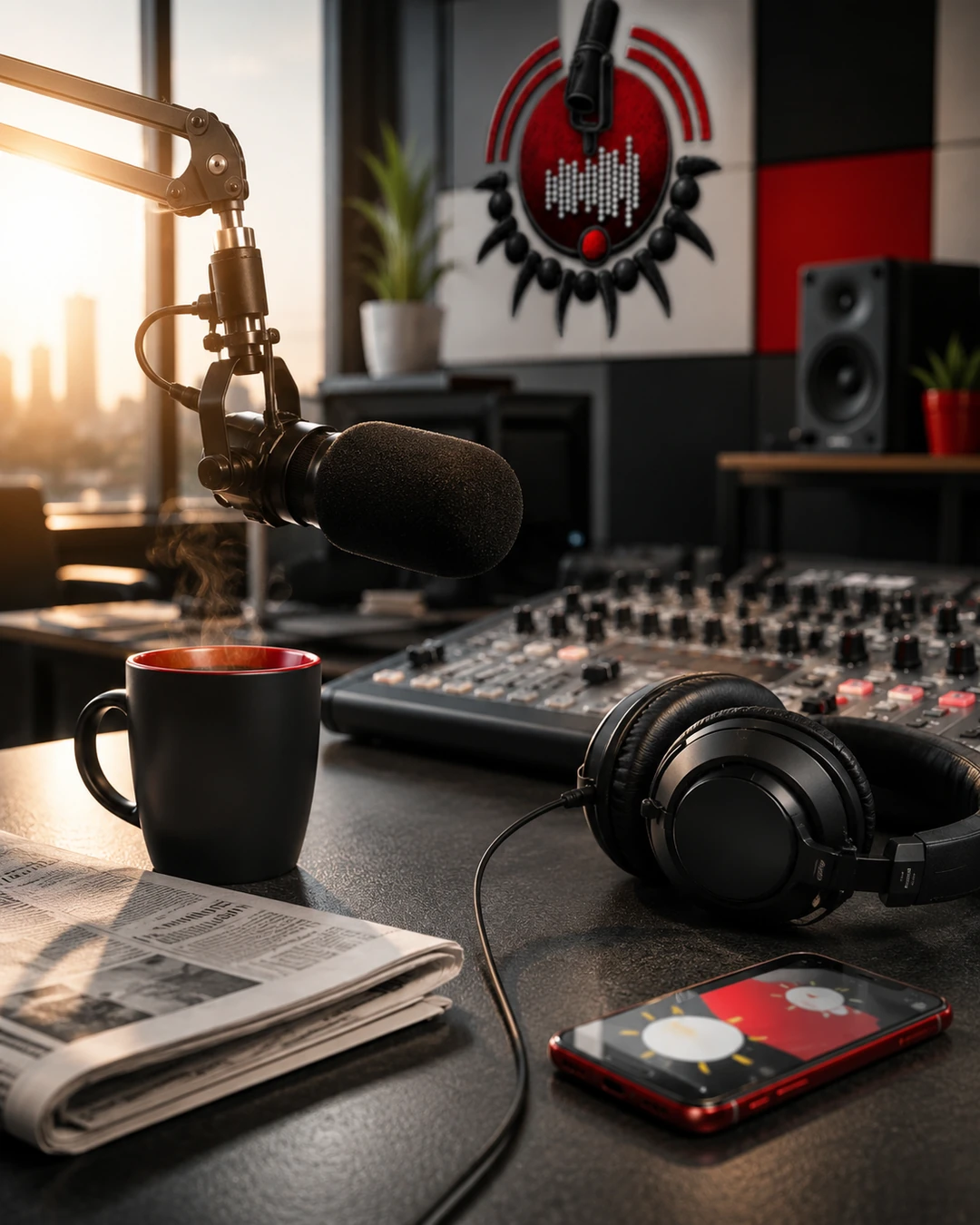 Bright morning radio studio representing Phakama Breakfast Show