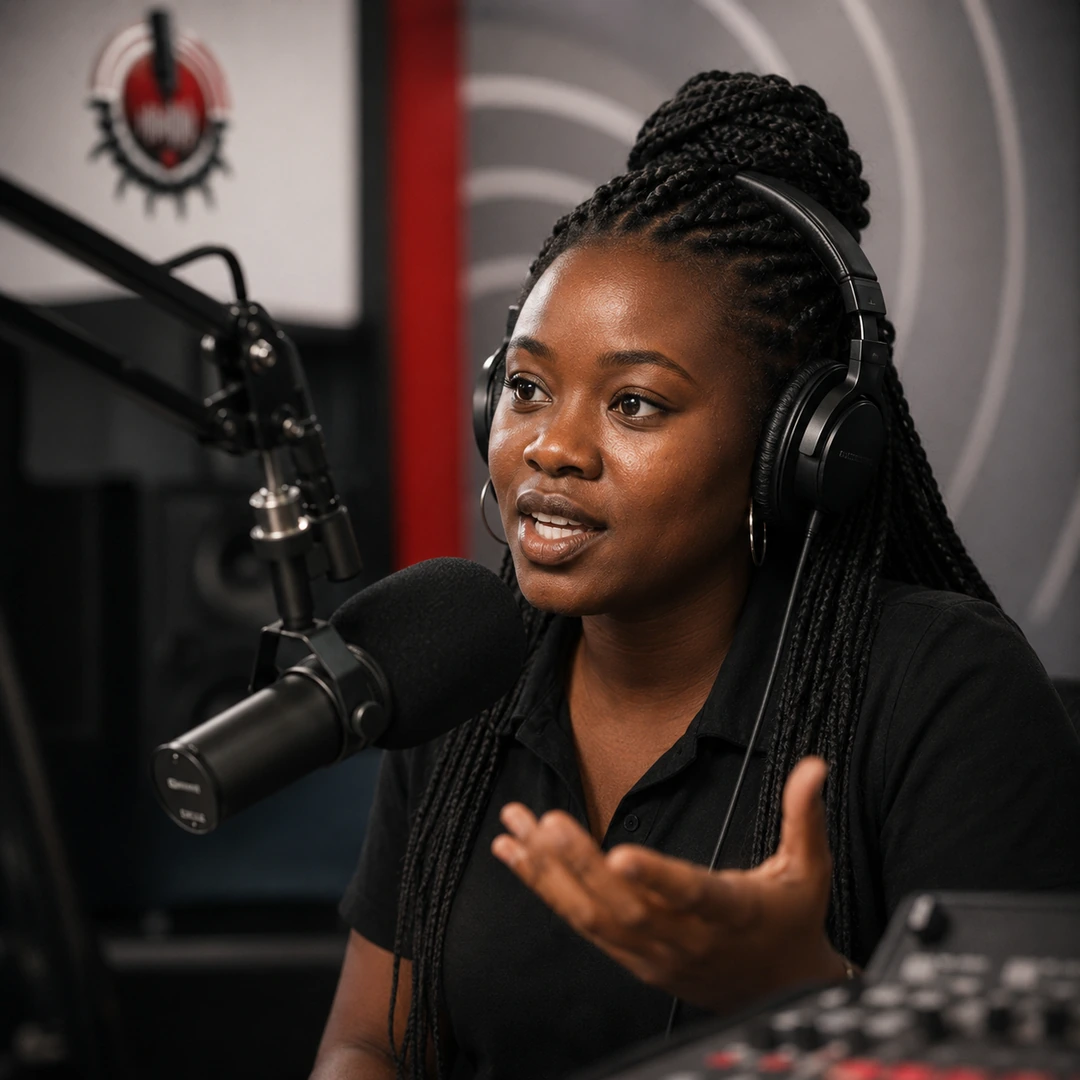 Community member speaking through a radio microphone
