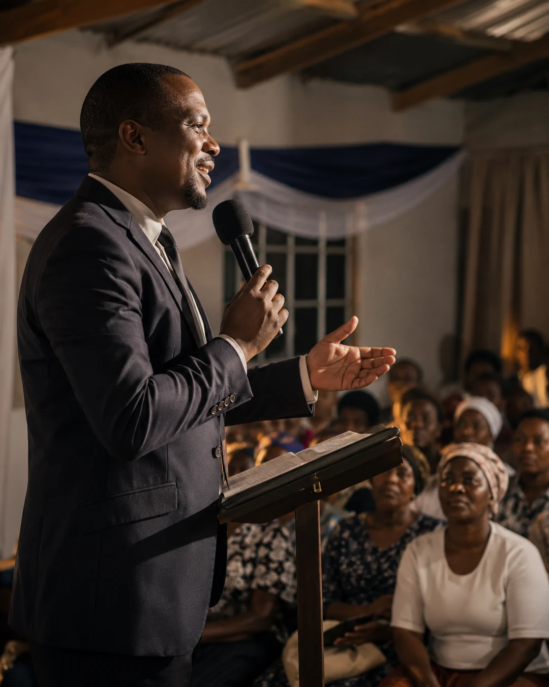 Evening church service and preaching scene